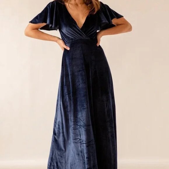 LULUS | WORN ONCE, LIKE NEW | Navy Blue Velvet Flutter Sleeve Maxi Dress | SZ XS - Picture 2 of 6